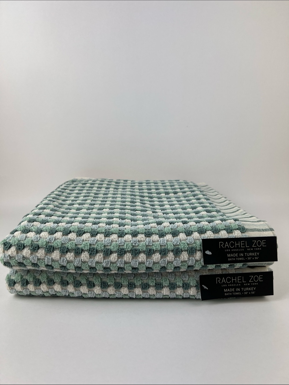 Rachel Zoe Bath Towels Sage Tan Blue Dots Waffle Weave Soft Cotton 2 Pc NEW